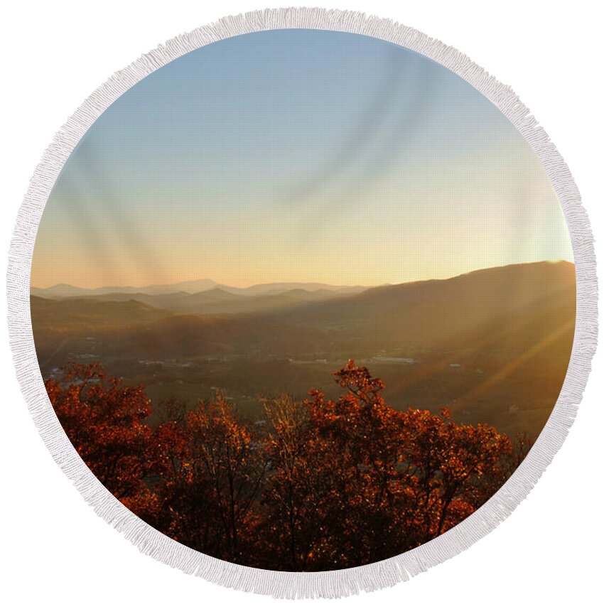 Mountains Round Beach Towel featuring the photograph Autumn Sunset by Kelly Nowak