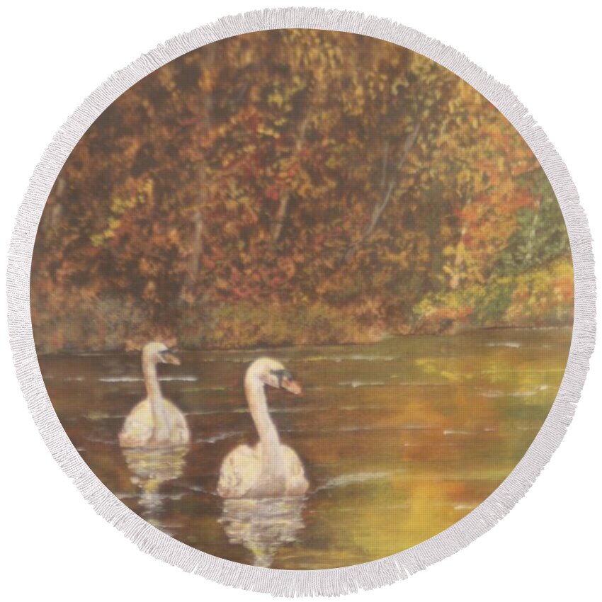 Autumn Round Beach Towel featuring the painting Autumn swans left by David Capon