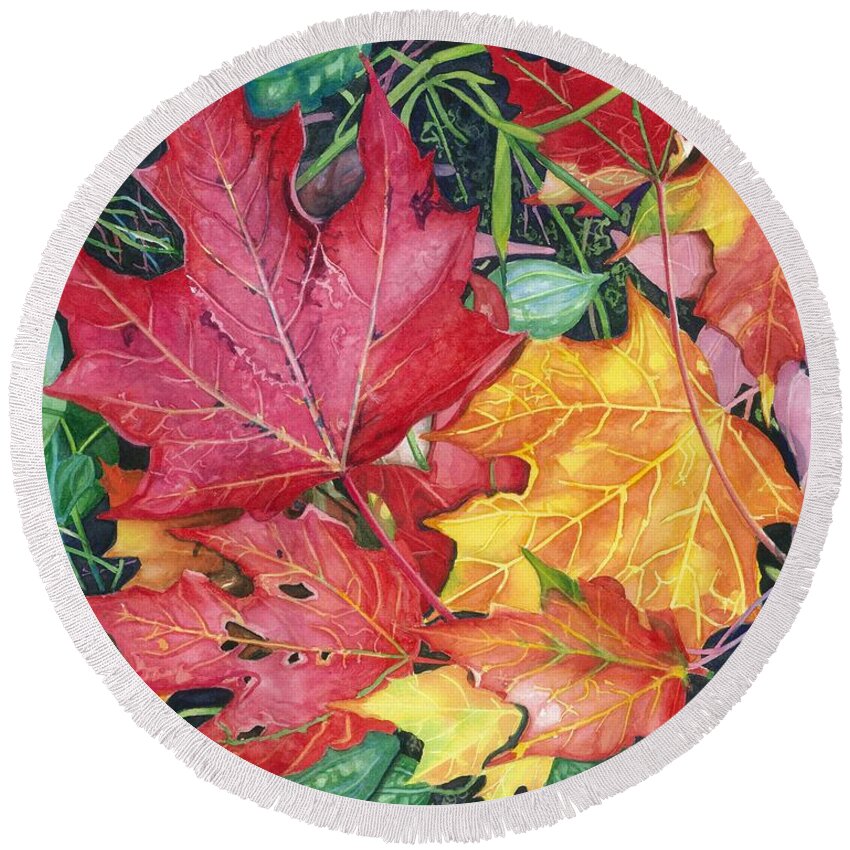 Water Color Paintings Round Beach Towel featuring the painting Autumn's Carpet by Barbara Jewell