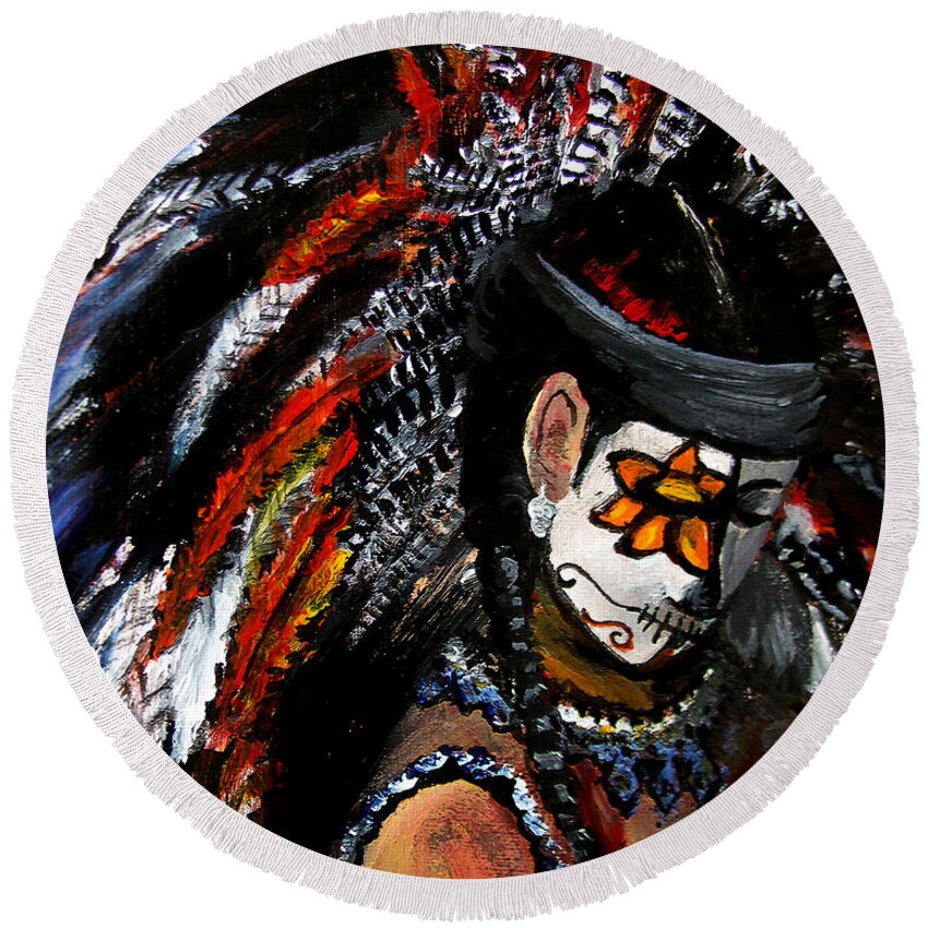 Woman Round Beach Towel featuring the painting Aztec Celebration by Frank Botello