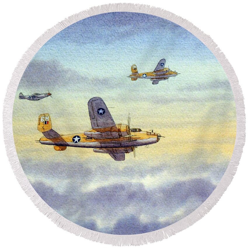 B-25 Mitchell Round Beach Towel featuring the painting B-25 Mitchell by Bill Holkham