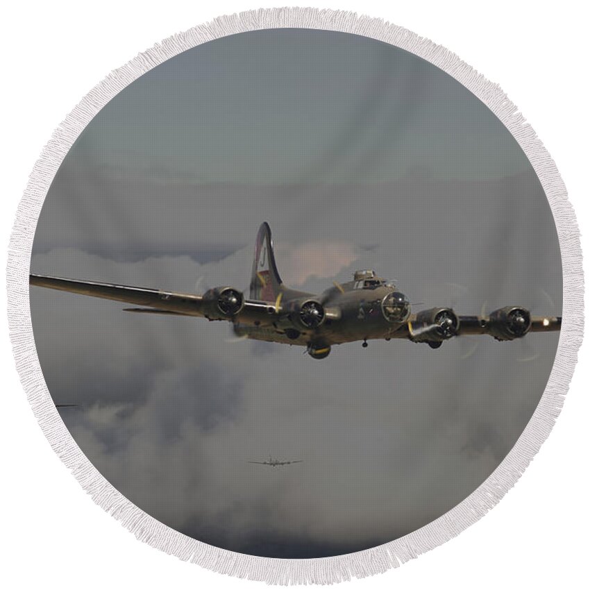 Aircraft Round Beach Towel featuring the digital art B17 Outbound - 'Heavy Weather' by Pat Speirs