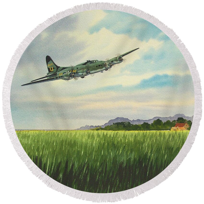 Aircraft Round Beach Towel featuring the painting B17 over Norfolk England by Bill Holkham