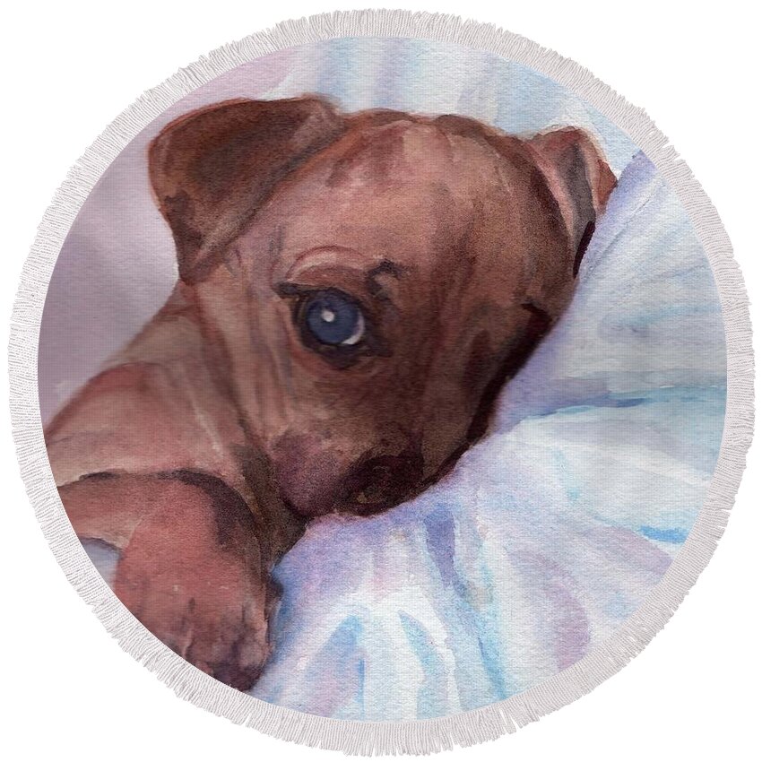 Watercolor Round Beach Towel featuring the painting Baby Bella by Katherine Berlin