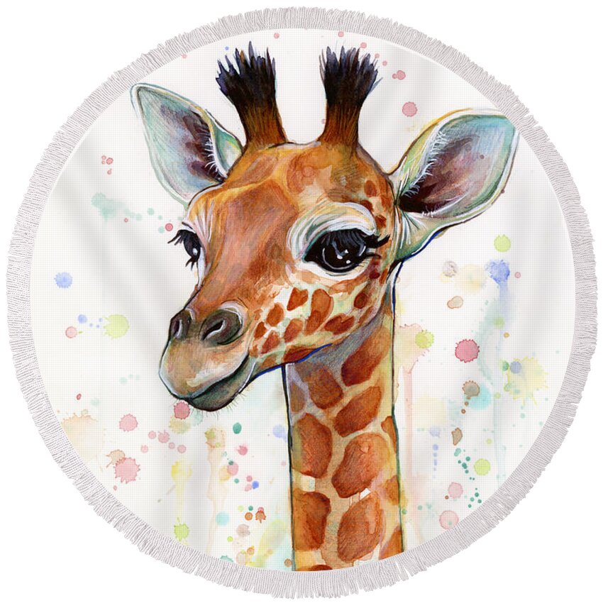 #faatoppicks Round Beach Towel featuring the painting Baby Giraffe Watercolor by Olga Shvartsur