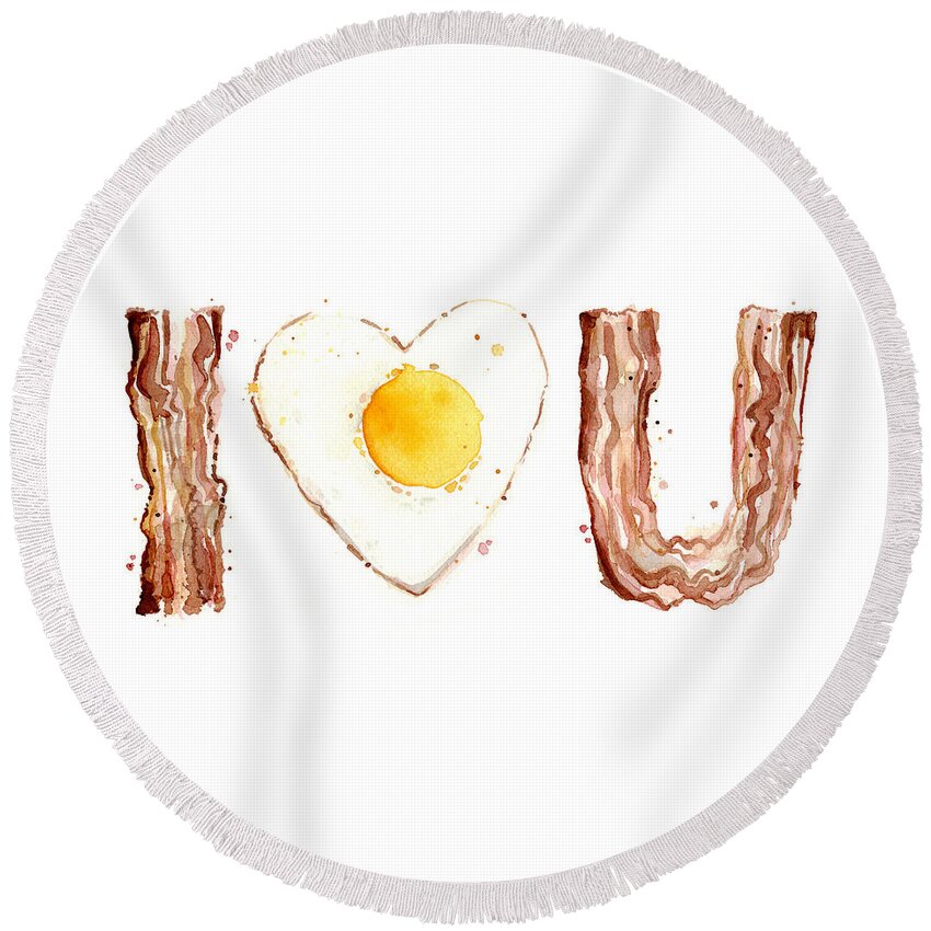 Bacon Round Beach Towel featuring the painting Bacon and Egg LOVE by Olga Shvartsur