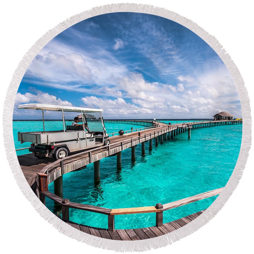 Exotic Round Beach Towel featuring the photograph Baggy on the Jetty over the Blue Lagoon by Jenny Rainbow