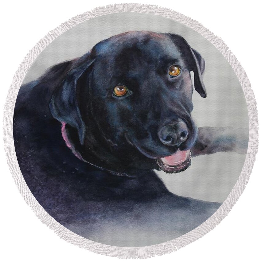 Black Lab Round Beach Towel featuring the painting Bailey by Ruth Kamenev