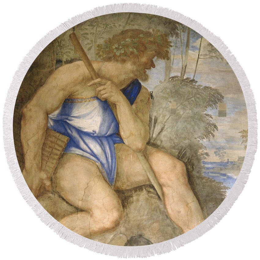 Art Round Beach Towel featuring the photograph Baldassare Peruzzi 1481-1536. Italian Architect And Painter. Villa Farnesina. Polyphemus. Rome by Baldassarre Peruzzi