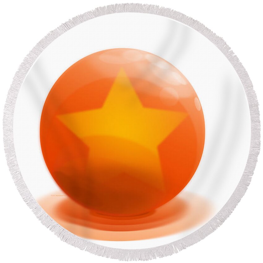 Ball Round Beach Towel featuring the digital art orange Ball decorated with star white background by Vintage Collectables