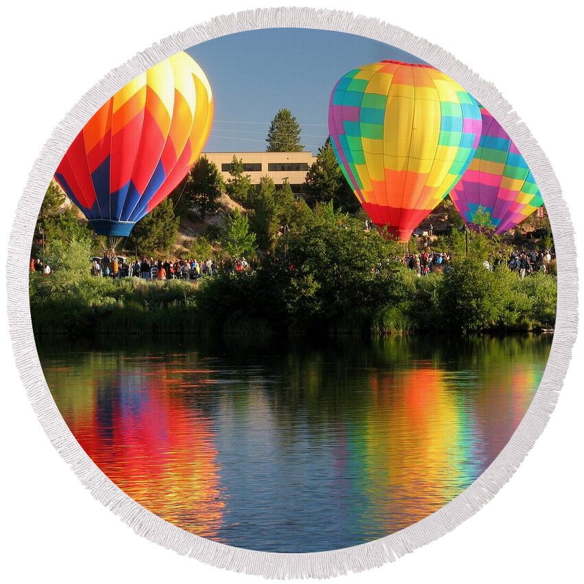 Hot Air Balloons Round Beach Towel featuring the photograph Balloons Over Bend Oregon by Kevin Desrosiers