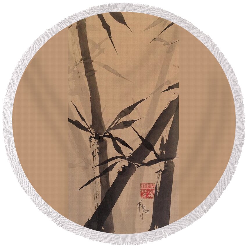 Sumi-e Round Beach Towel featuring the painting Bamboo Study #1 on Tagboard by Robin Miller-Bookhout