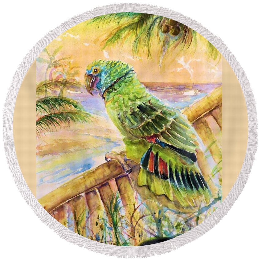 Banana Tree Round Beach Towel featuring the painting Banana Tree and Tropical Bird by Bernadette Krupa