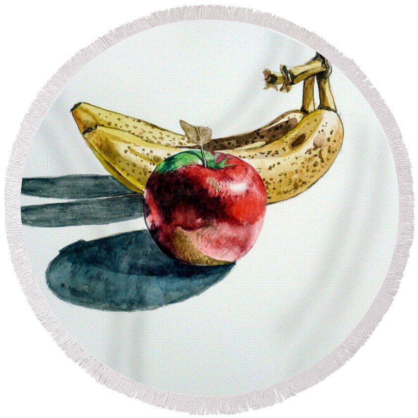 Banana Round Beach Towel featuring the painting Bananas and an Apple by Christopher Shellhammer