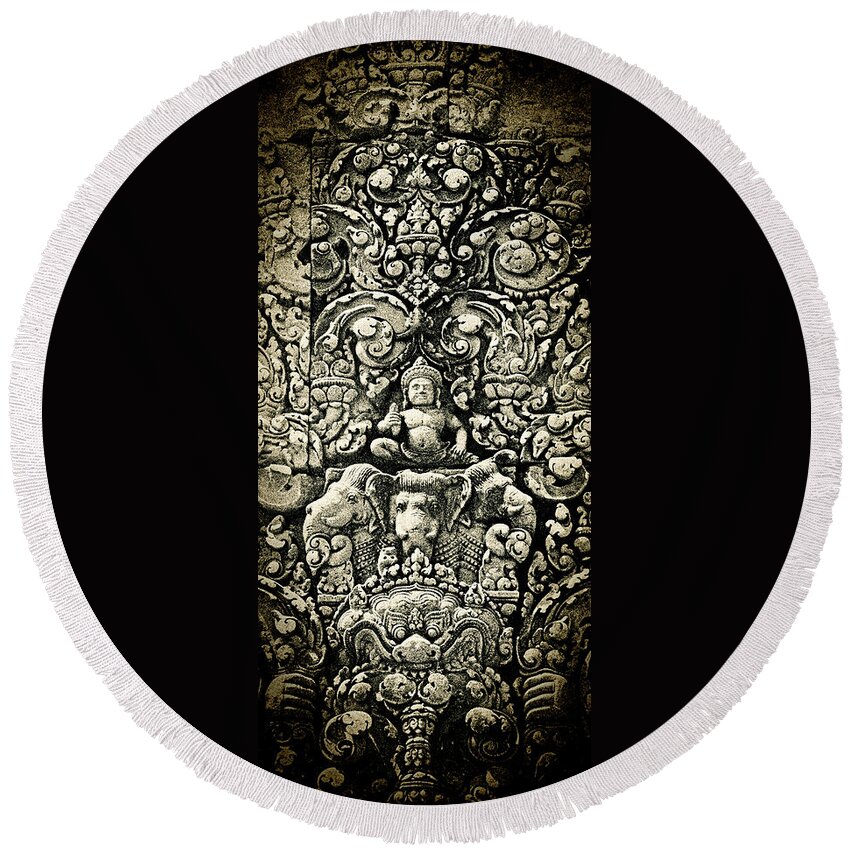 Banteay Srei Carving Round Beach Towel featuring the photograph Banteay Srei Carvings 2 Unframed Version by Weston Westmoreland