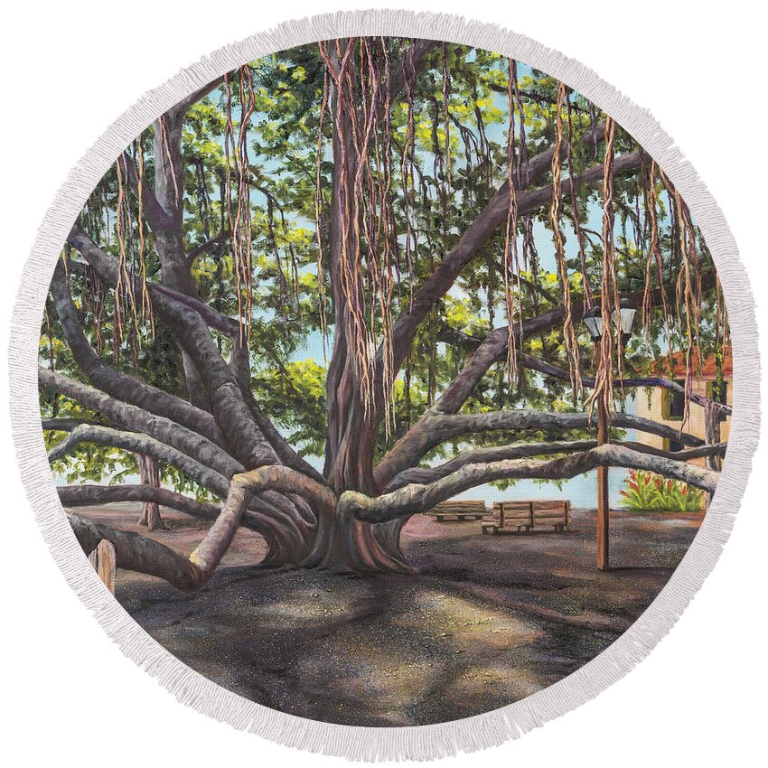 Landscape Round Beach Towel featuring the painting Banyan Tree Lahaina Maui by Darice Machel McGuire