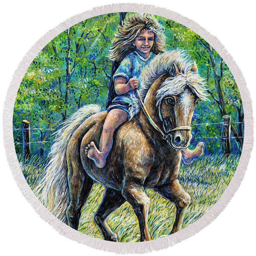 Girl Round Beach Towel featuring the painting Barefoot Rider by Gail Butler