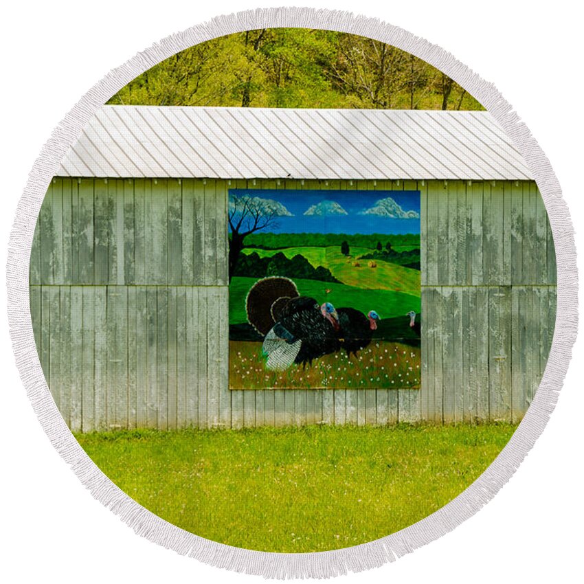 Architecture Round Beach Towel featuring the photograph Barn - Wild Turkey Mural by Mary Carol Story