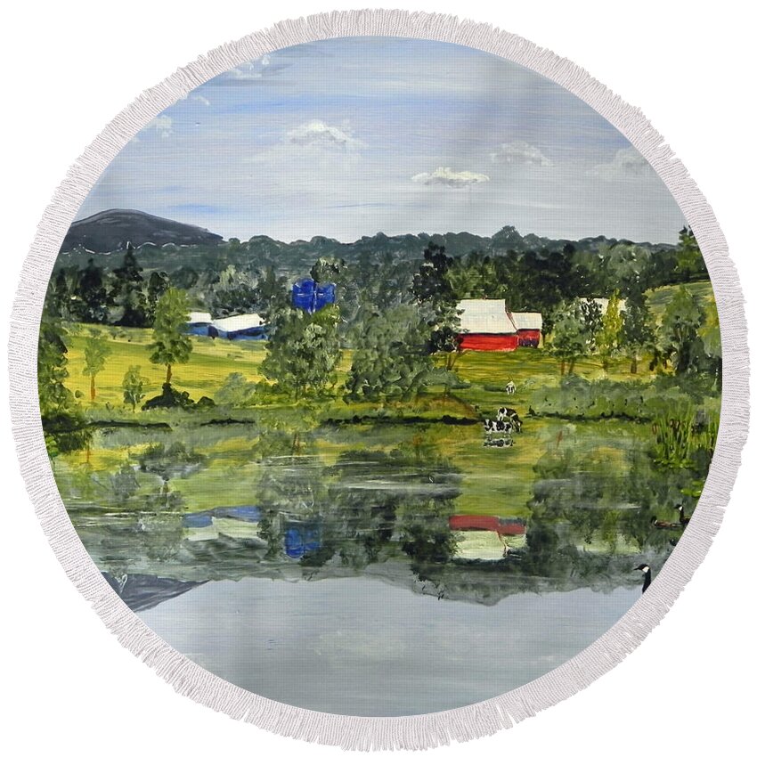 Red Round Beach Towel featuring the painting Barn at Little Elk Lake by Christine Lathrop