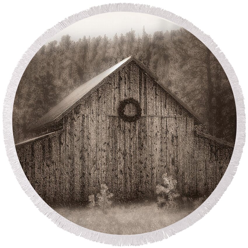 Barn Round Beach Towel featuring the photograph First Snow in November by Amanda Smith