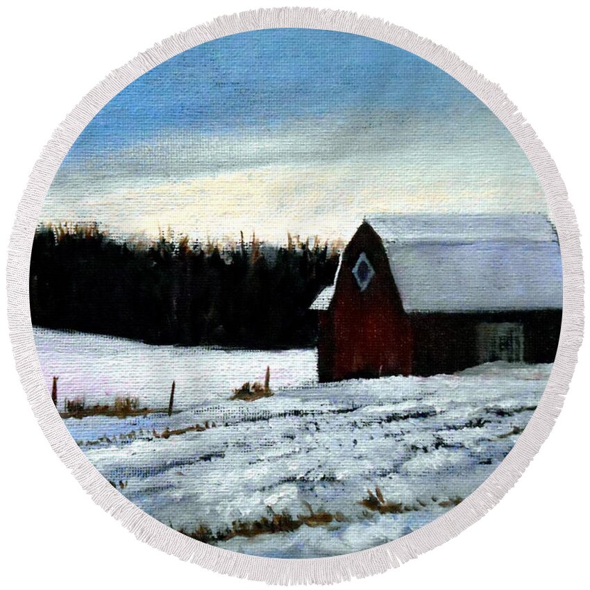 Barn Round Beach Towel featuring the painting Tree Farm Barn in the snow by Christopher Shellhammer
