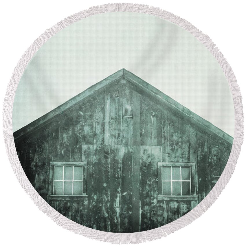 Barn; Shed; Wood; Wooden; Country; Rural; Desert; Deserted; Worn; Abandoned; Ruins; Blue; Green; Haze; Creepy; Darkness; Windows; Closed; Facade Round Beach Towel featuring the photograph Barn by Margie Hurwich