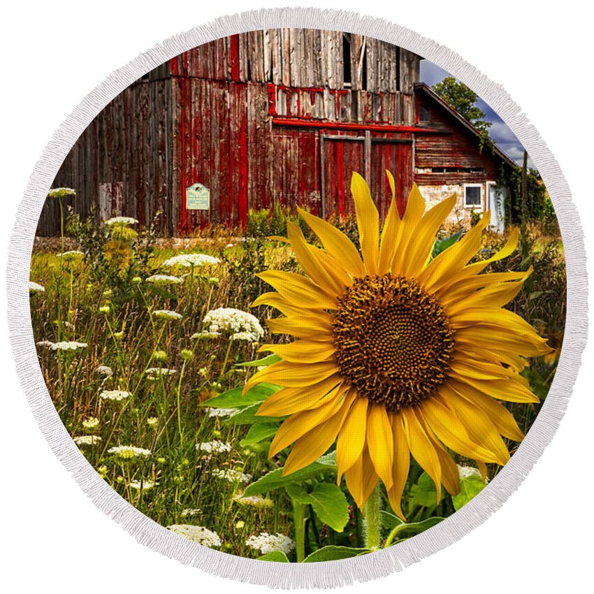 Barn Round Beach Towel featuring the photograph Barn Meadow Flowers by Debra and Dave Vanderlaan