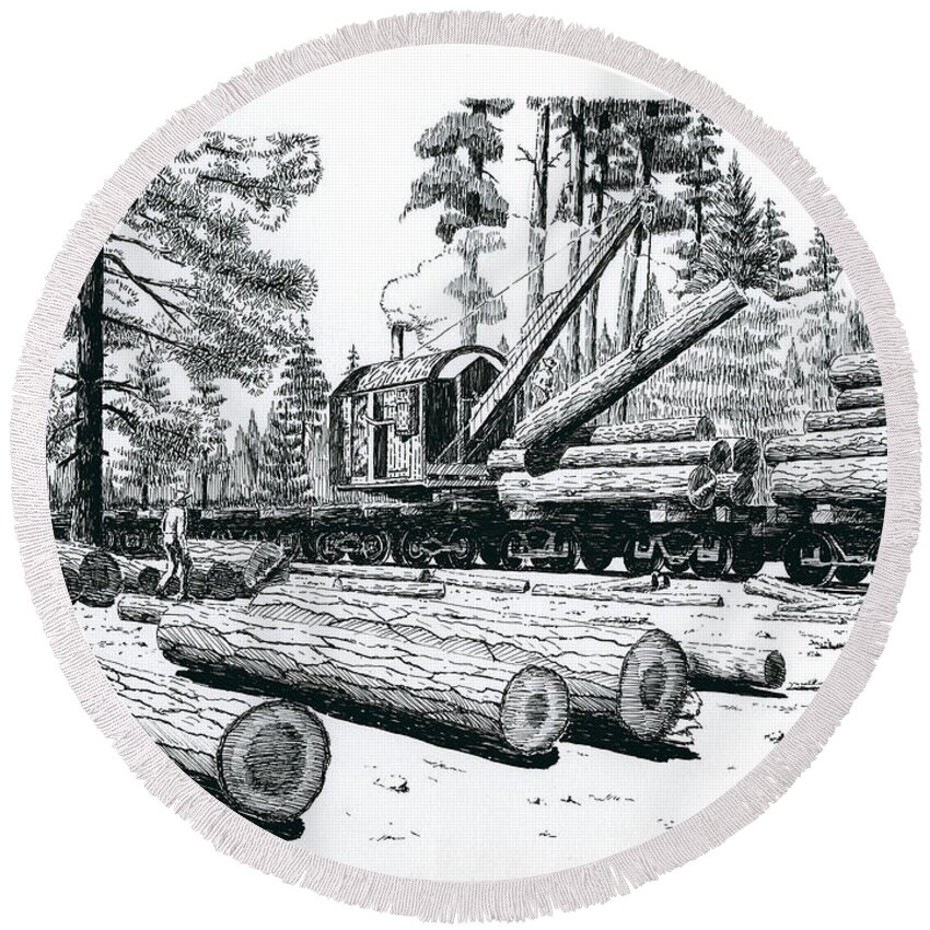 Barnhart Log Loader Round Beach Towel featuring the drawing Barnhart Log Loader by Timothy Livingston