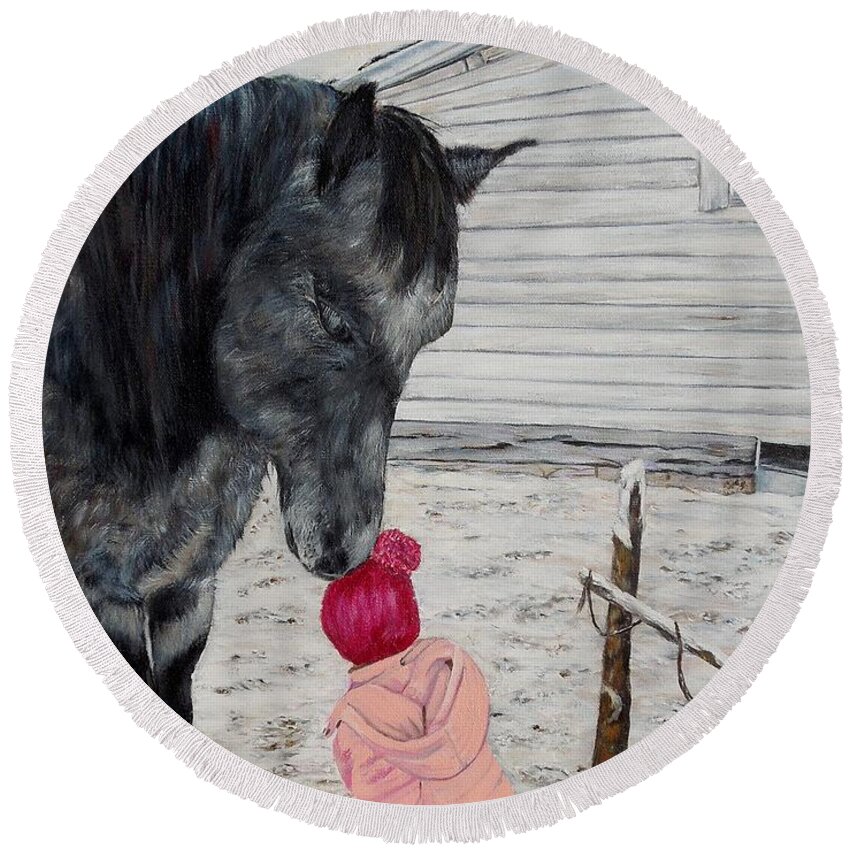Horse Round Beach Towel featuring the painting Barnyard kiss by Marilyn McNish
