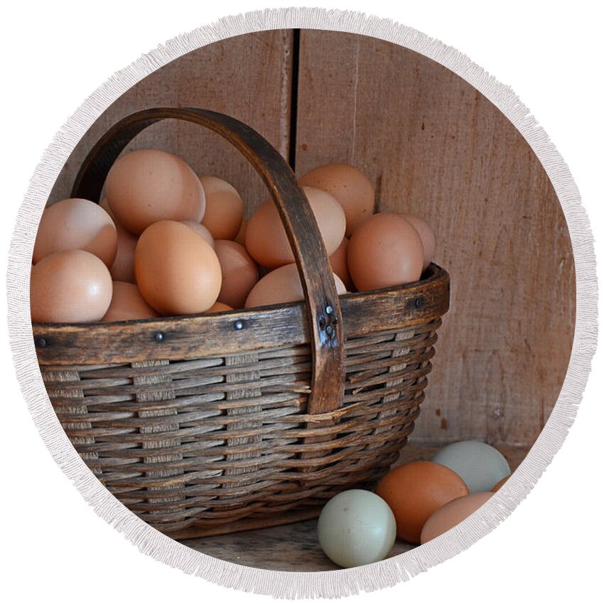 Still Life Round Beach Towel featuring the photograph Basket Full Of Eggs by Mary Carol Story