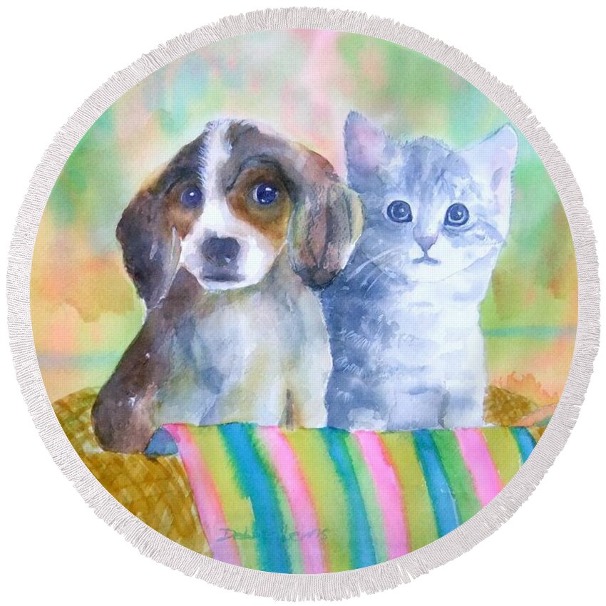 Puppy Round Beach Towel featuring the painting Basket Full of Love by Debbie Lewis