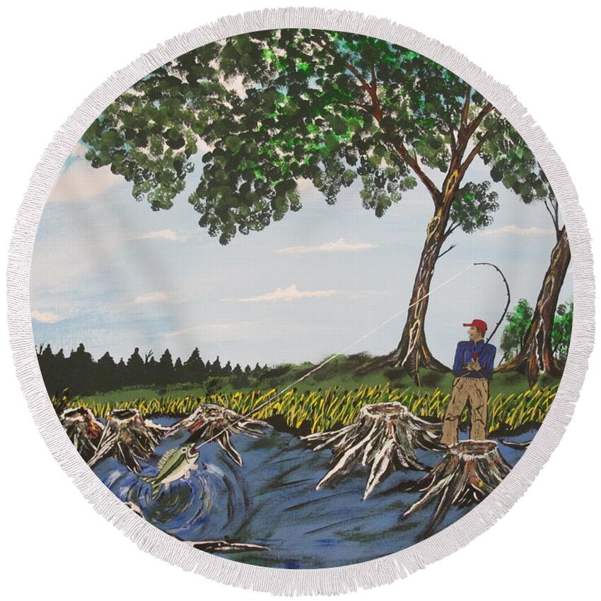  Round Beach Towel featuring the painting Bass Fishing In The Stumps by Jeffrey Koss