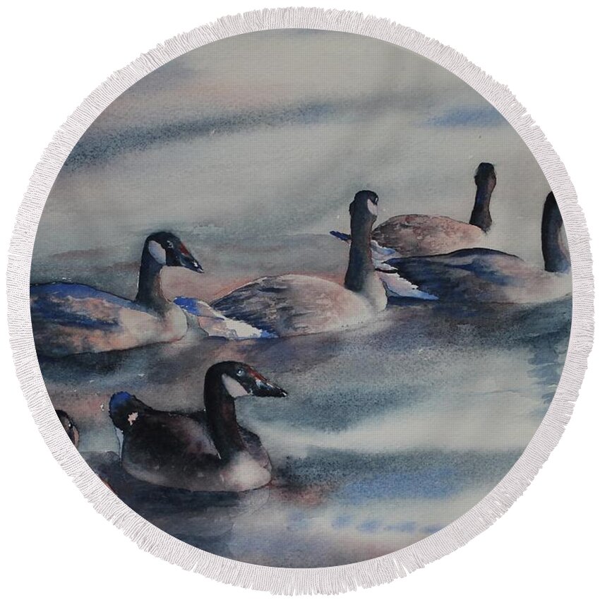 Canada Geese Round Beach Towel featuring the painting Bachelor Party by Ruth Kamenev
