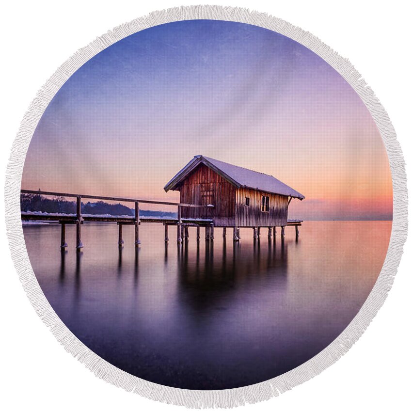 Ammersee Round Beach Towel featuring the photograph Bavarian winter wonderland by Hannes Cmarits