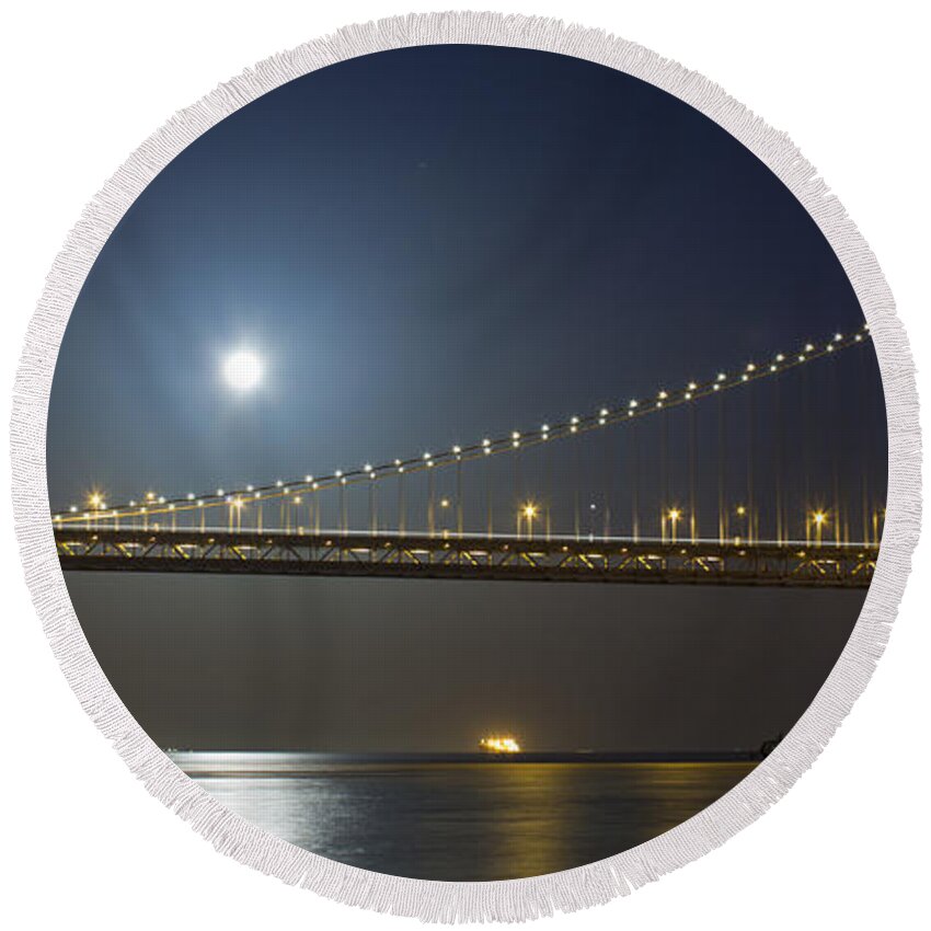 Bay Round Beach Towel featuring the photograph Bay Bridge Supermoon by Bryant Coffey