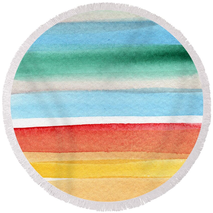 Beach Landscape Painting Round Beach Towel featuring the painting Beach Blanket- colorful abstract painting by Linda Woods
