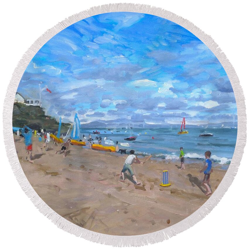 Beach Round Beach Towel featuring the painting Beach cricket by Andrew Macara