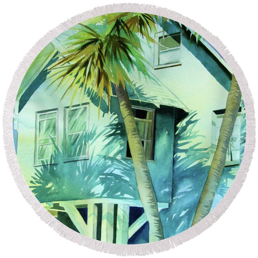 Art Round Beach Towel featuring the painting Beach Cottage by Julianne Felton