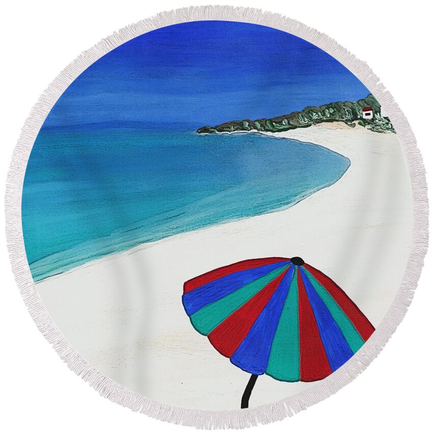 Beach Umbrella Dreaming Round Beach Towel featuring the painting Beach Umbrella Dreaming by Barbara St Jean