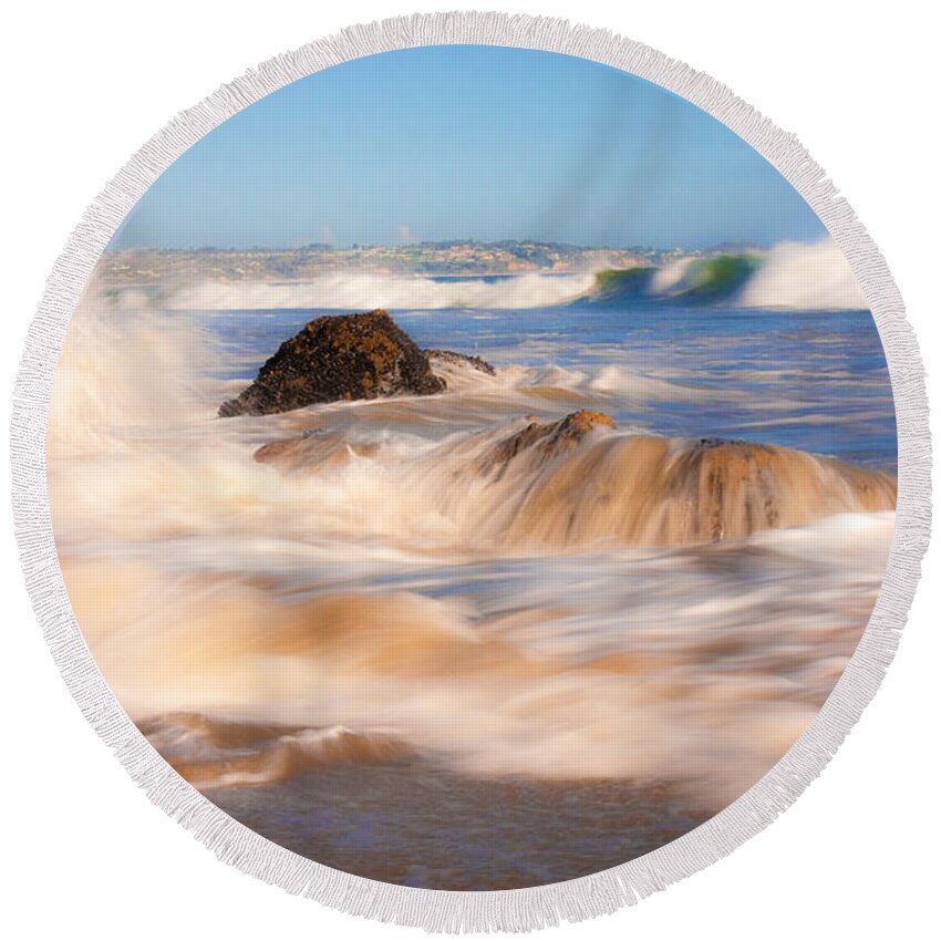 Beach Waves Photographs Round Beach Towel featuring the photograph Beach Waves Smoothly Flowing Over The Rocks Fine Art Photography Print by Jerry Cowart