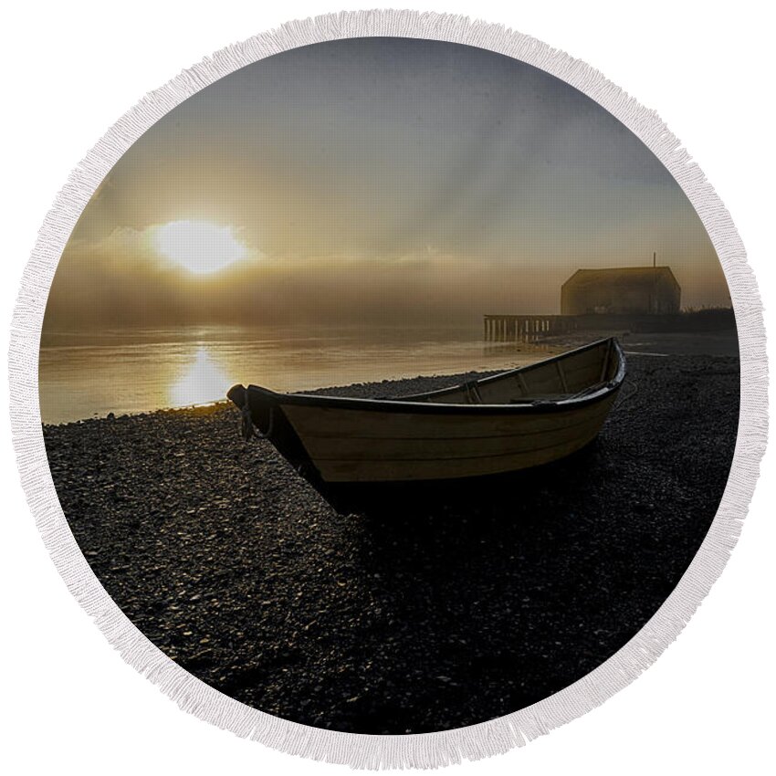 Dory Round Beach Towel featuring the photograph Beached Dory in Lifting Fog by Marty Saccone