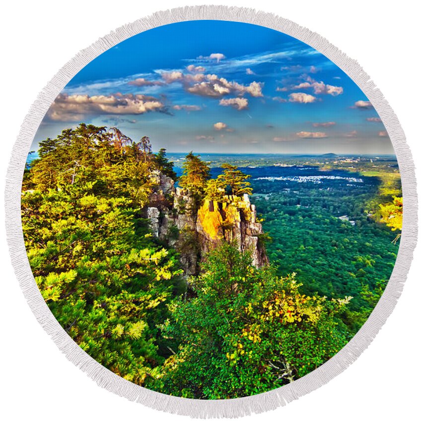 Aerial Round Beach Towel featuring the photograph Beautiful Aerial Landscape Views From Crowders Mountain Near Gas by Alex Grichenko