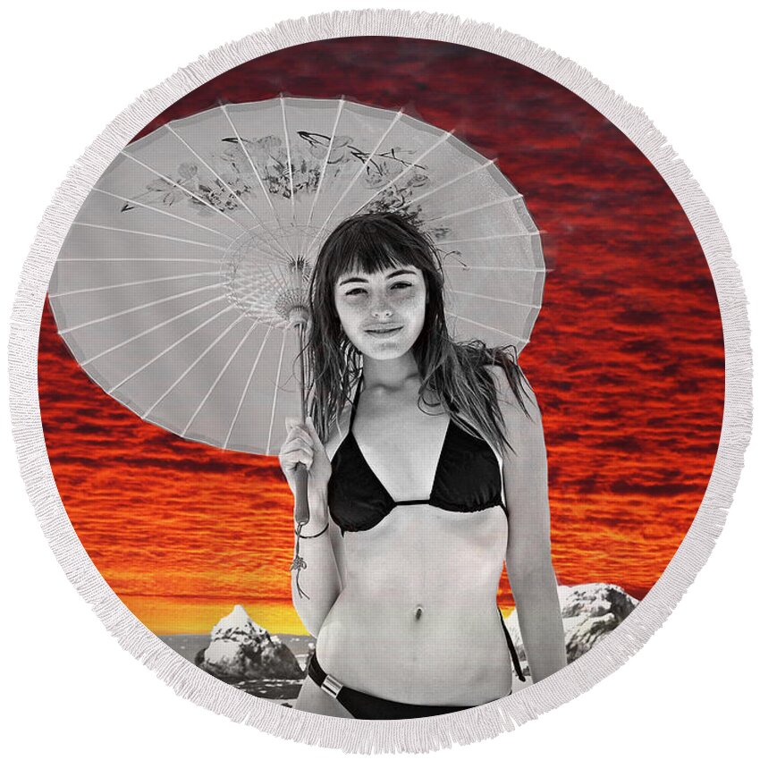 Beautiful Model And A Sunset Round Beach Towel featuring the photograph Beautiful Model and a Sunset by Jim Fitzpatrick