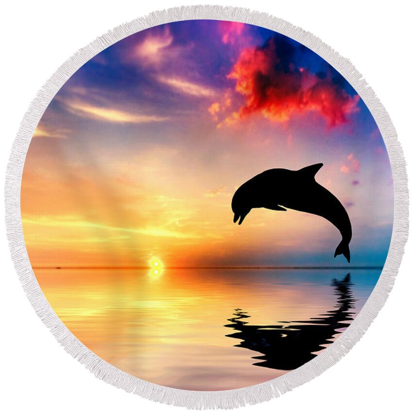 Sea Round Beach Towel featuring the photograph Beautiful ocean and sunset with dolphin jumping by Michal Bednarek
