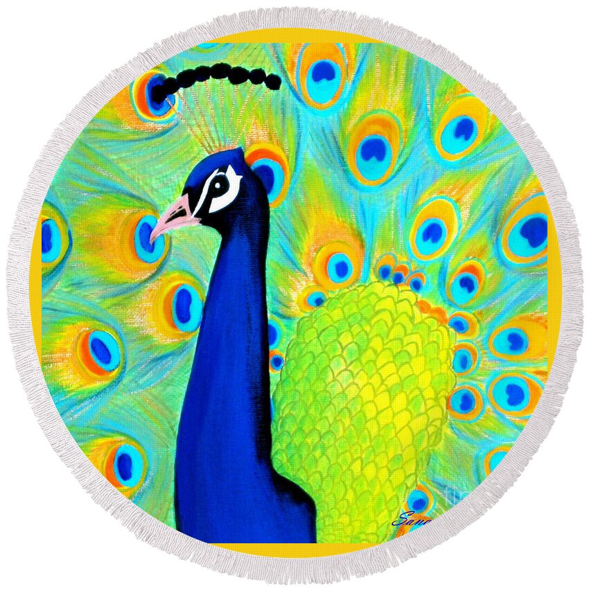 Peacock Round Beach Towel featuring the painting Beautiful Peacock Card by Oksana Semenchenko
