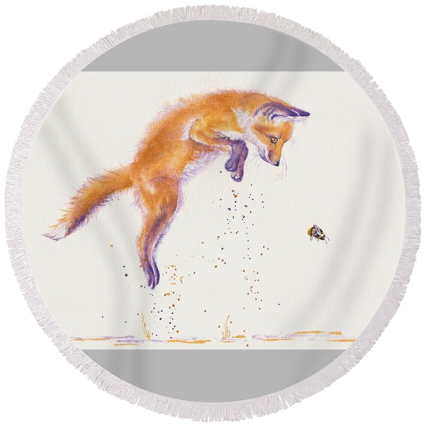 Foxes Round Beach Towel featuring the painting Bee Naive - Leaping Fox Cub by Debra Hall