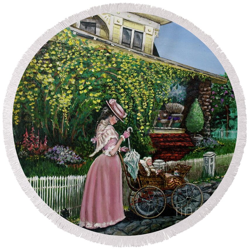 House Round Beach Towel featuring the painting Behind the Garden Gate by Linda Simon