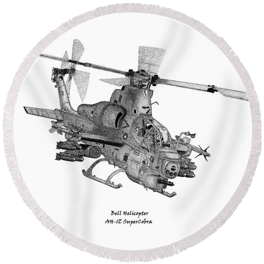 Bell Helicopter Round Beach Towel featuring the drawing Bell Helicopter AH-1Z SuperCobra by Arthur Eggers