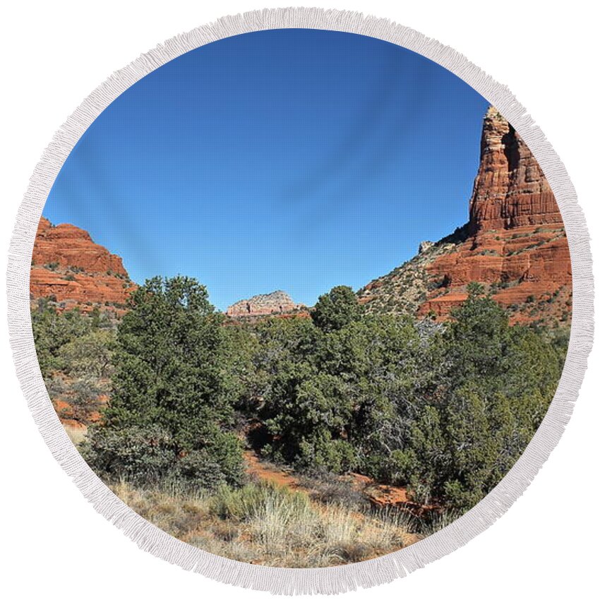 Bell Rock Round Beach Towel featuring the photograph Bell Rock and Courthouse Butte by Penny Meyers