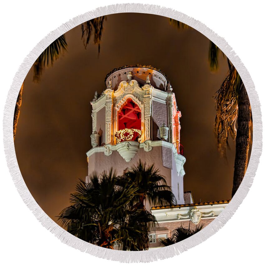 Christmas Round Beach Towel featuring the photograph Bell Tower at Christmas by Sue Karski